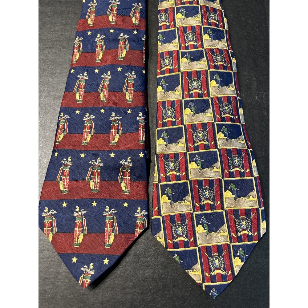 Tommy Hilfiger Italian Silk Neck Tie Golf Theme Golf Bag And Golfer Lot Of 2